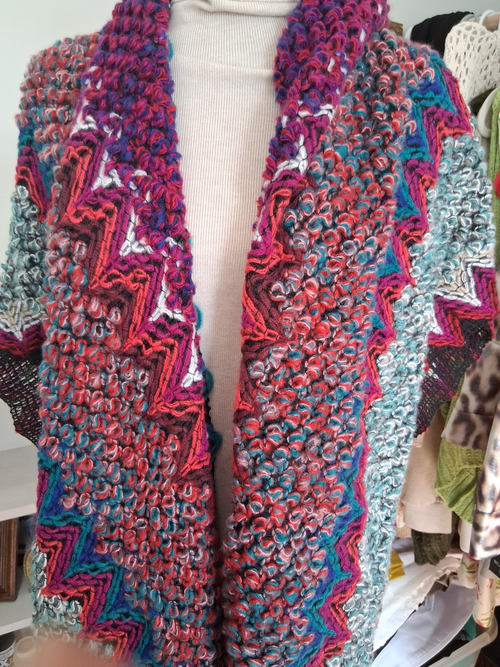 Multicolor Knit Shawl Collar Women's Sweater - Cozy Layering Shaw.